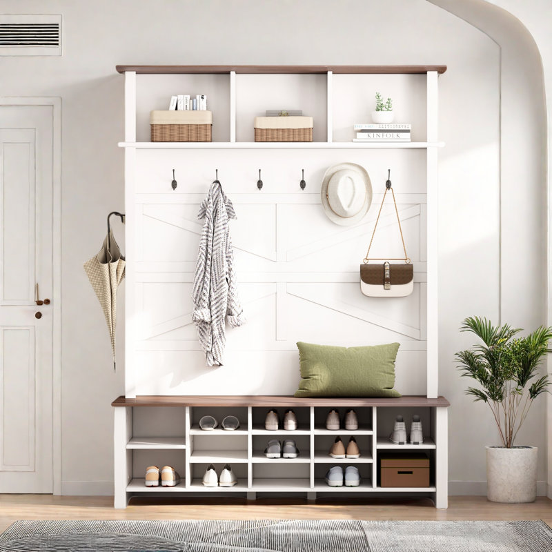 Farmhouse 4-in-1 Hall Tree With 6 Hooks, Entryway Bench With Adjustable Shelves, 16 Open Compartments And A Side Umbrella Rack
