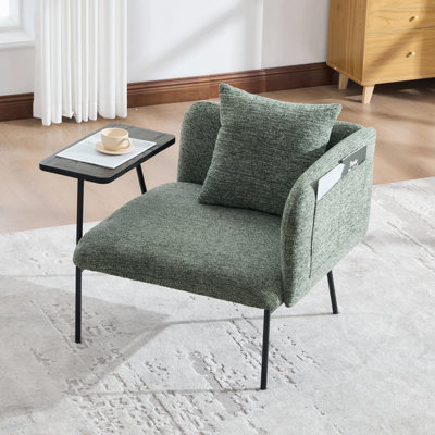 Fauteuil de loisirs, fauteuil de détente avec petite table et coussin de dossier, chaises rembourrées modernes avec pieds en métal et poches latérales, canapé simple pour le salon / la chambre / le jardin