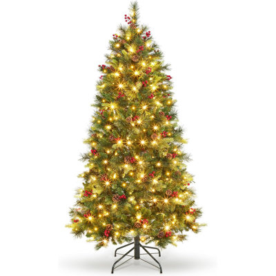 6 FT Pre-Lit Artificial Christmas Tree, Norway Spruce, 250 Warm White Light, Automatic Hinge Expansion, Artificial Christmas Pencil Tree with Pine Cones, Holly Berries & Stand