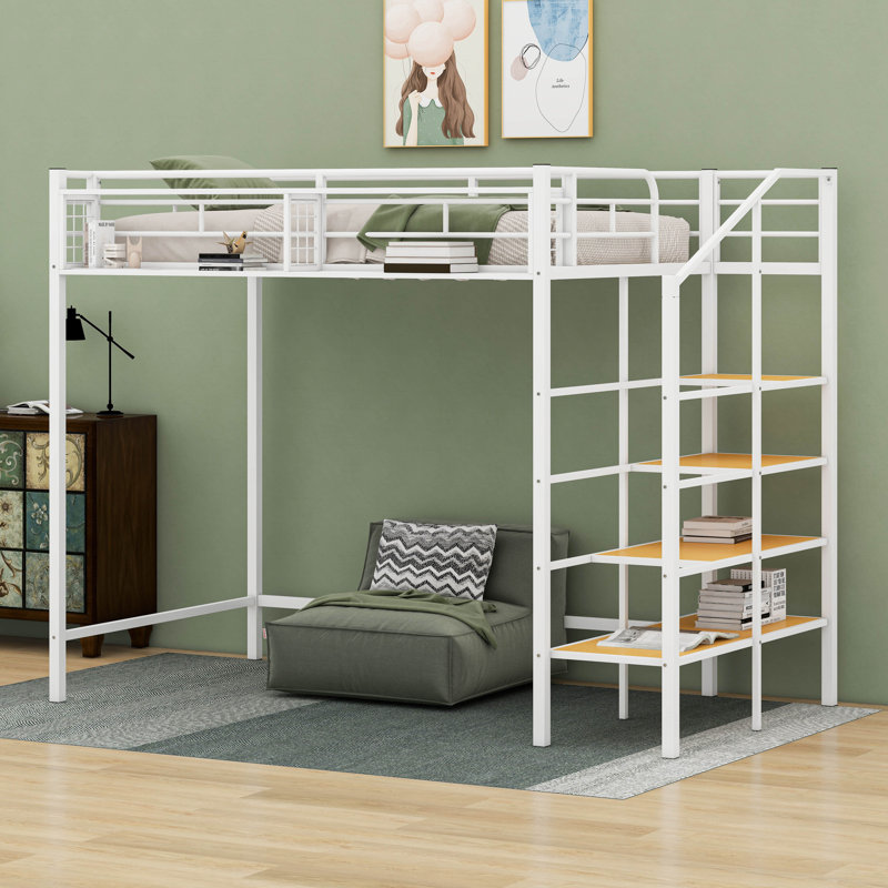 Lit mezzanine simple avec escalier de rangement et tablette supérieure avec structure de lit mezzanine simple en métal, Blanc