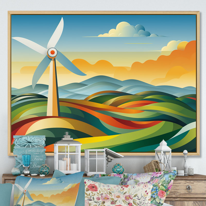 «Green Holland Windturbine Meadow Views I - Wind Turbines», art mural, Cadre flottant brun, H 34 po x l 44 po x P 1,5 po