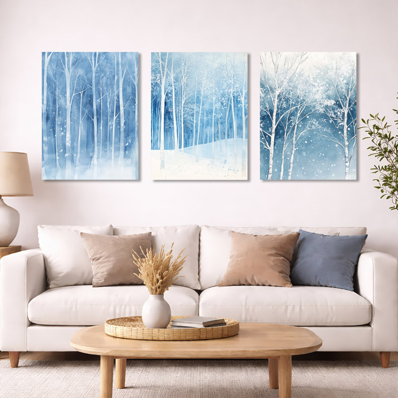 «Icy Winter Forest in White and Blue - Forest», art mural 3 pièces, Toile tendue, H 32 po x l 72 po