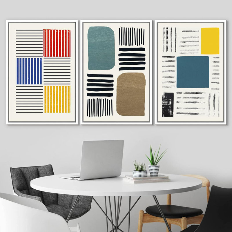 Abstract Vibrant Color Blocks Multicolor Geometric Artwork Framed Canvas 3 Pieces Print Wall Art, White, 24" H x 48" W