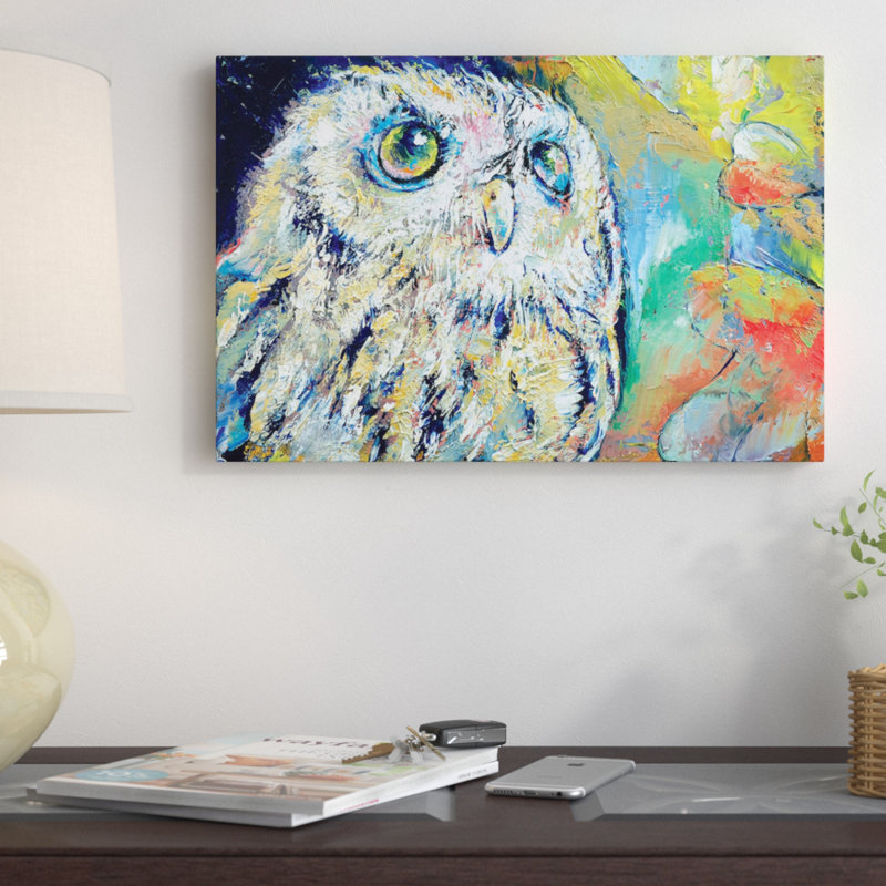 « hibou », reproduction d’art sur toile, H 18 po x l 26 po x P 1,5 po, Toile avec cadre noir, Pas de tapis