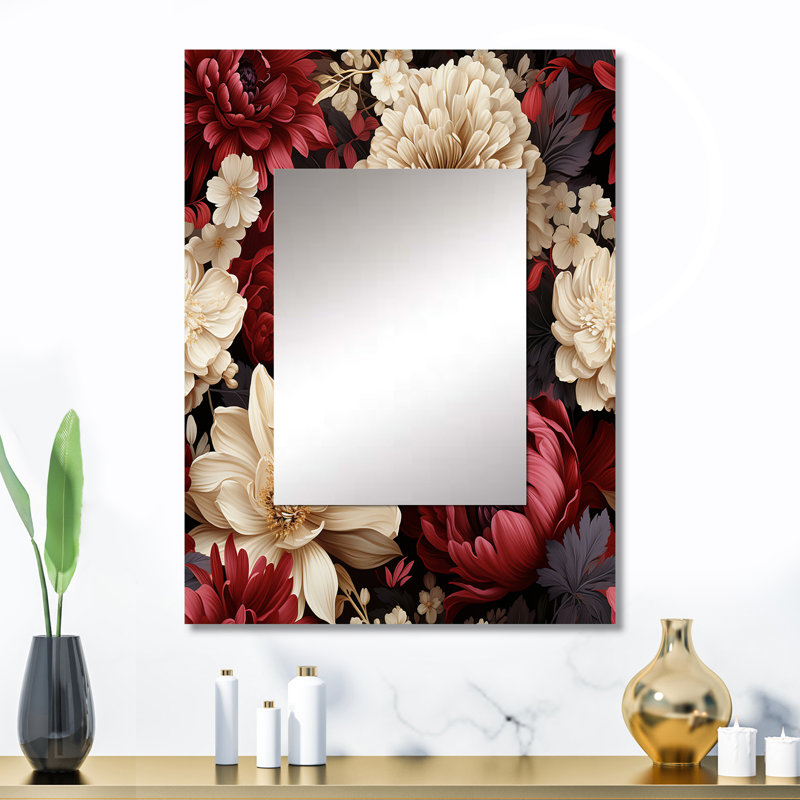 Renaissance Red Peonies Botanical Pattern - Floral Mirror Wall Decor, 32" x 24"