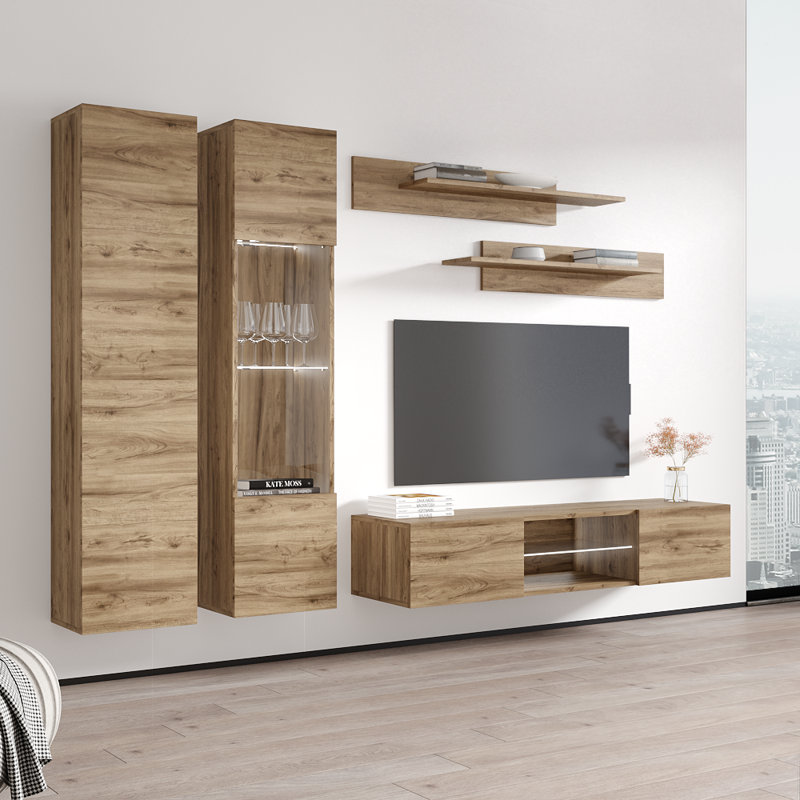100" Modern Floating Wall Mounted Entertainment Center with 16-Color LED Lighting, High Gloss Finish, Oak