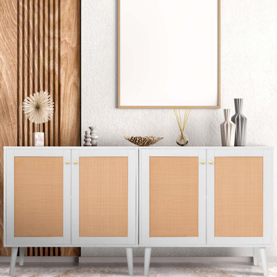 Armoire de rangement décorative avec portes en rotin pour 2 personnes, armoire buffet, armoire à café à grain de bois, armoire d'entrée, tablettes réglables pour la salle à manger, la cuisine, le couloir, le salon, blanc