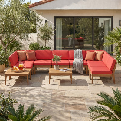 Grenada 8-Seater Acacia Wood Sectional Sofa Set with Water-Resistant Cushions, Teak & Red