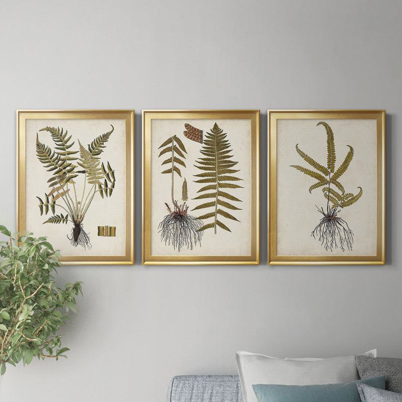 Fern Botanical IV - Ensemble de 3 peintures sur toile encadrées, H 22,5 po x l 91,5 po x P 1,5 po, Doré