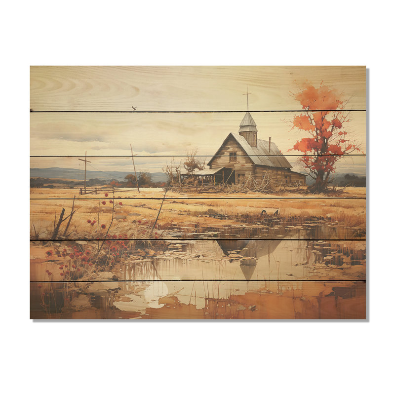 Peaceful Barnyard Landscape I - Art mural en bois de ferme sur bois de pin naturel, H 10 po x l 20 po