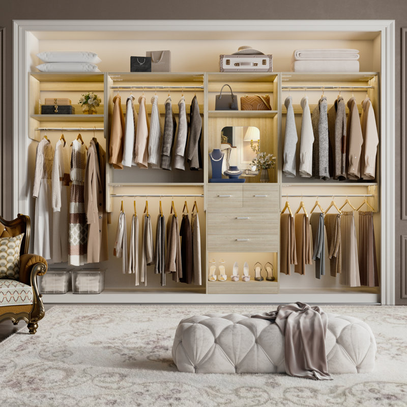  Akaela 119.4" W Walk In Closet System with Drawers, Washed Oak