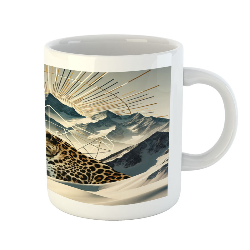Wrought Studio Leopard Ceramic Coffee Mug Boho Mountains and Wild Cat 11 oz Cadet Blue and Sand Brown