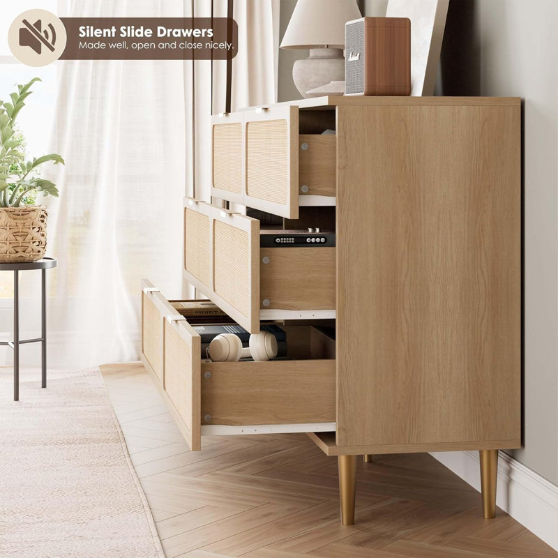 Commode 6 tiroirs Rattan, Jaune