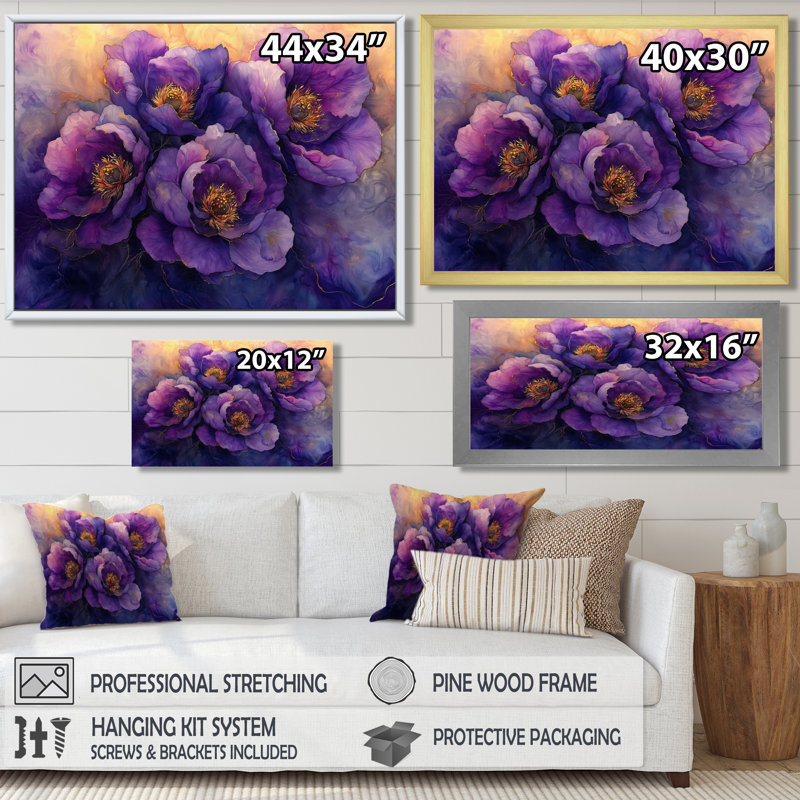 Fleurs de pivoines dorées lavande Serenity II - pivoines, art mural, H 12 po x l 20 po, Toile tendue, Ne s’applique pas