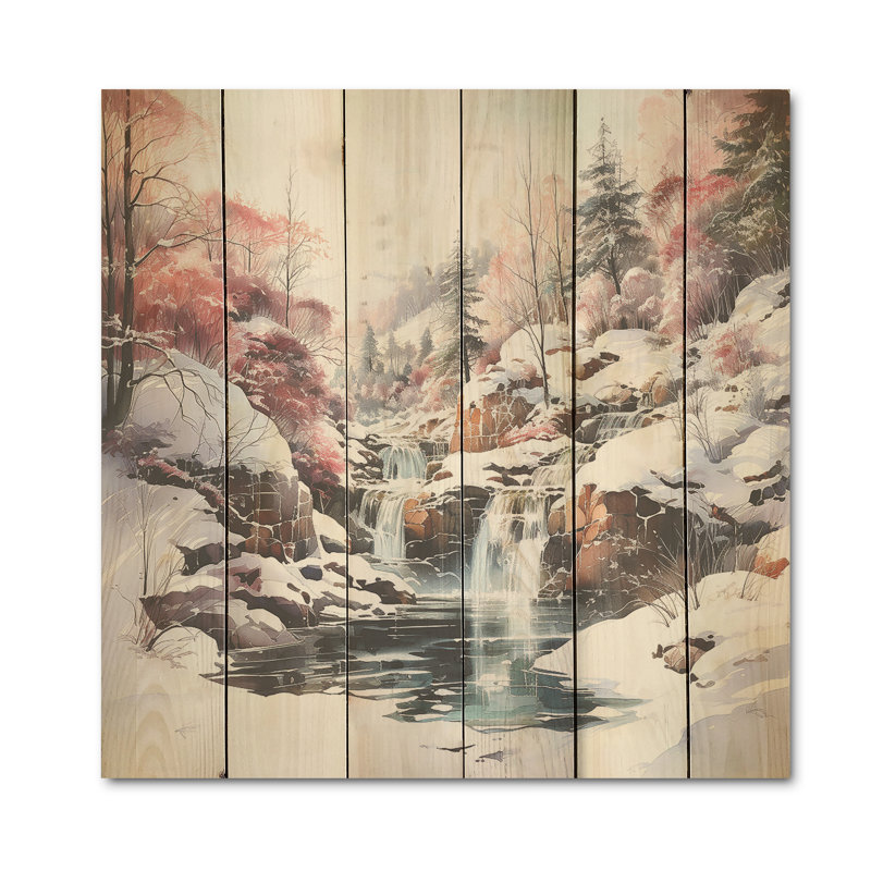 «Waterfall Charm In Winter - Waterfall», art mural sur bois de pin naturel, H 30 po x l 30 po