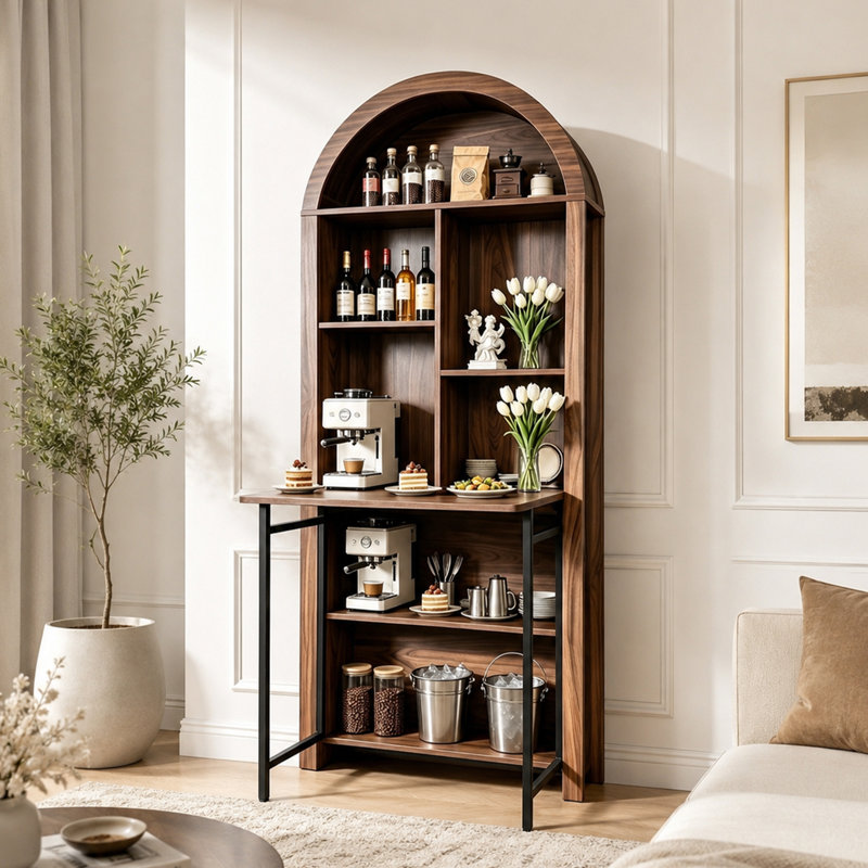 Bureau pliant avec grande bibliothèque arquée et tablettes de rangement