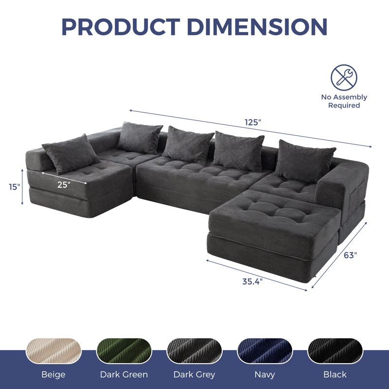 Boneless U Shaped Modular Sectional Sofa Couch, 15" H x 125" W x 63" D, Gray Corduroy