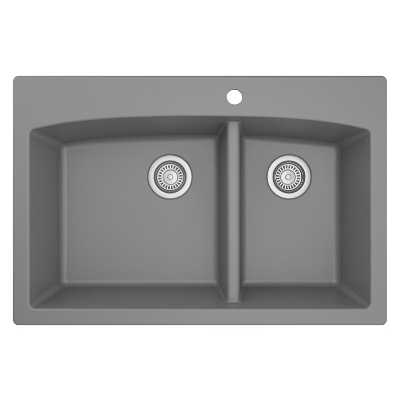Karran Drop-in Quartz Composite 33'' X 22'' 1-Hole 60/40 Double Bowl Kitchen Sink, Gray