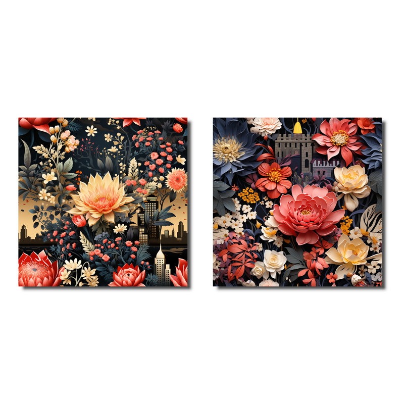 Ensemble de 2 collages carrés floraux Sara, H 16 po x l 33 po, Toile tendue