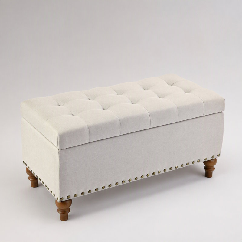 Banc coffre ottoman en lin avec charnière à ouverture facile, garniture rivetée et design multifonctionnel pour chambre et salon