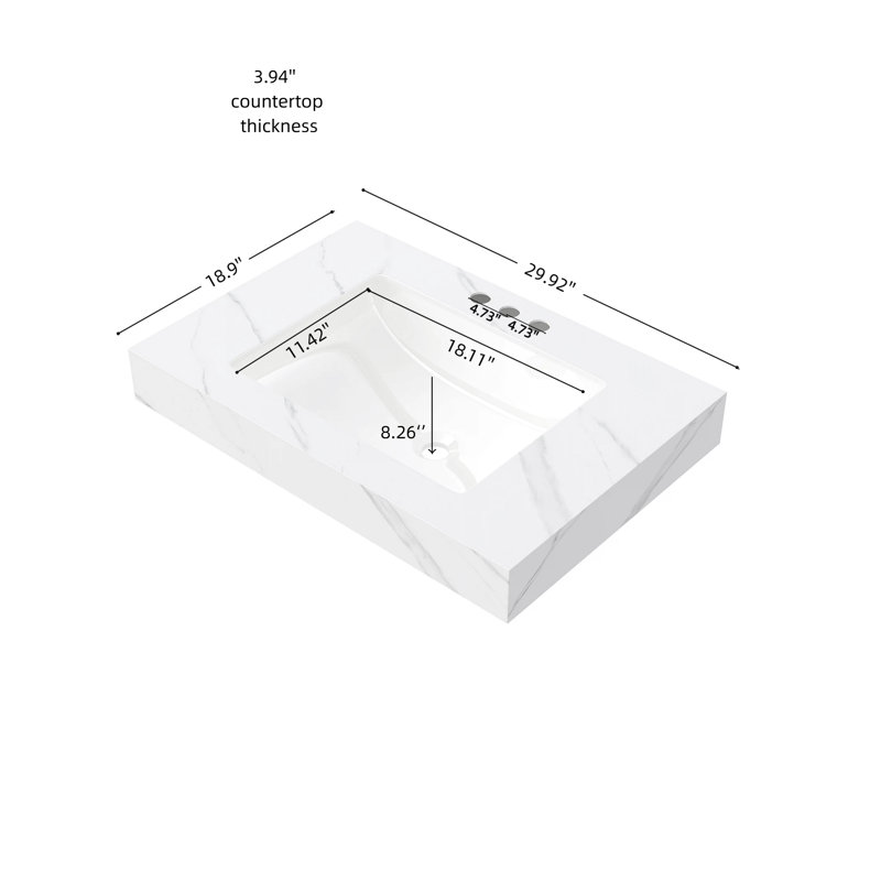 Dessus de meuble-lavabo en pierre frittée de 30 po avec lavabo encastré en céramique Muri, Blanc de Carrare