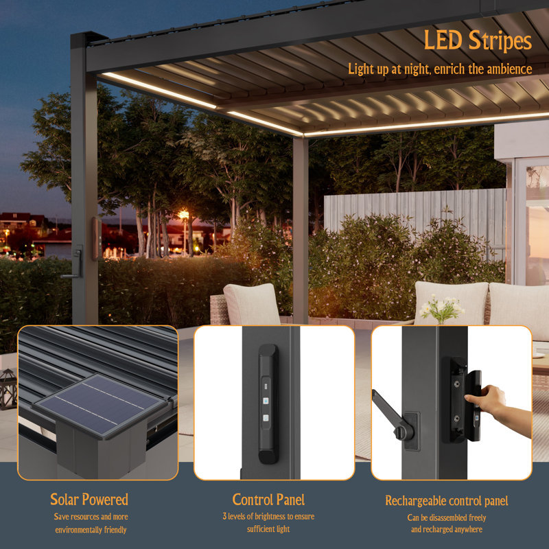 Pergola à auvent solaire en aluminium avec auvent en aluminium, 10 pi. x 13 pi