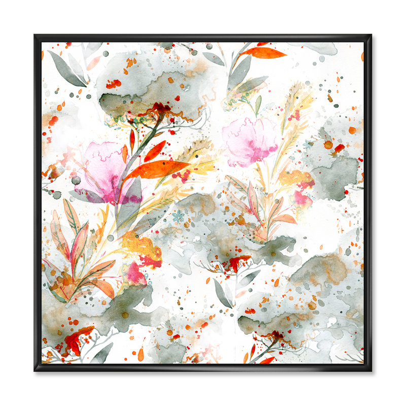 Herbe et plumes en couleurs d'automne I - Peinture sur toile, H 31 po x l 31 po, Cadre noir
