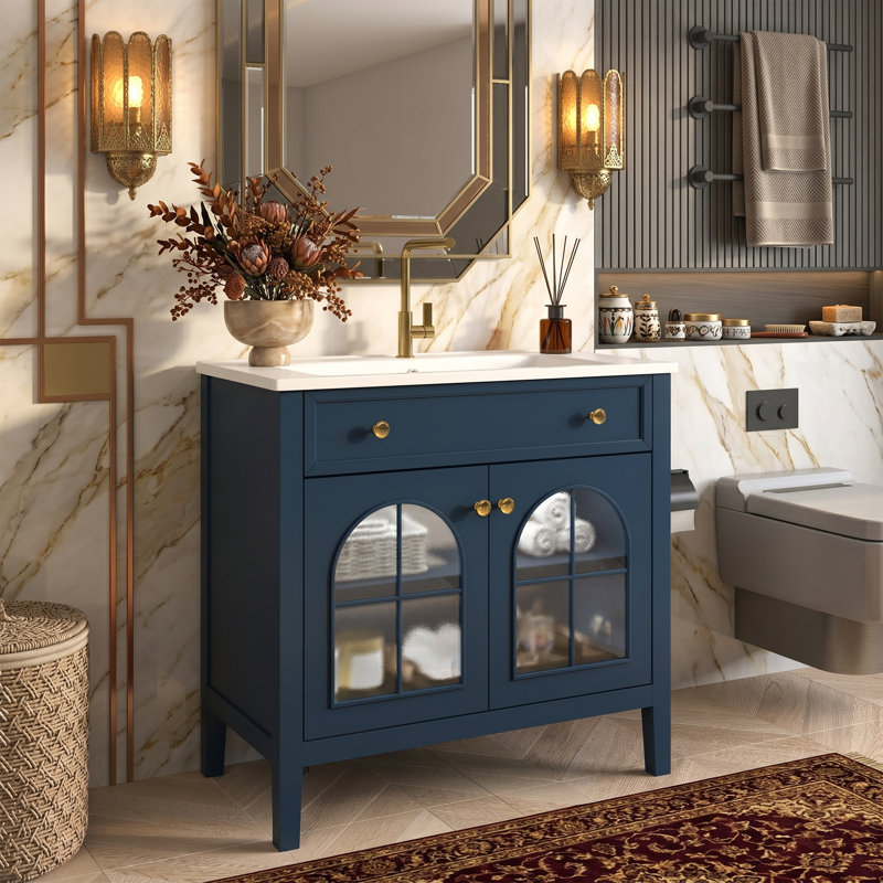 Meuble-lavabo blanc 36 po avec lavabo en céramique, lumière DEL à capteur de mouvement et portes en verre à motifs, Blue