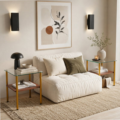 Table d'appoint 2 pièces en verre rectangulaire moderne, plateau en verre trempé, tablette de rangement en MDF et pieds en métal, table d'appoint minimaliste pour salon et chambre à coucher
