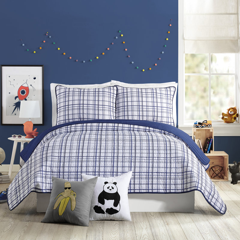 Marquis Plaid Reversible Microfiber Quilt Set, Twin Quilt + 1 Standard Sham, Navy Blue/White