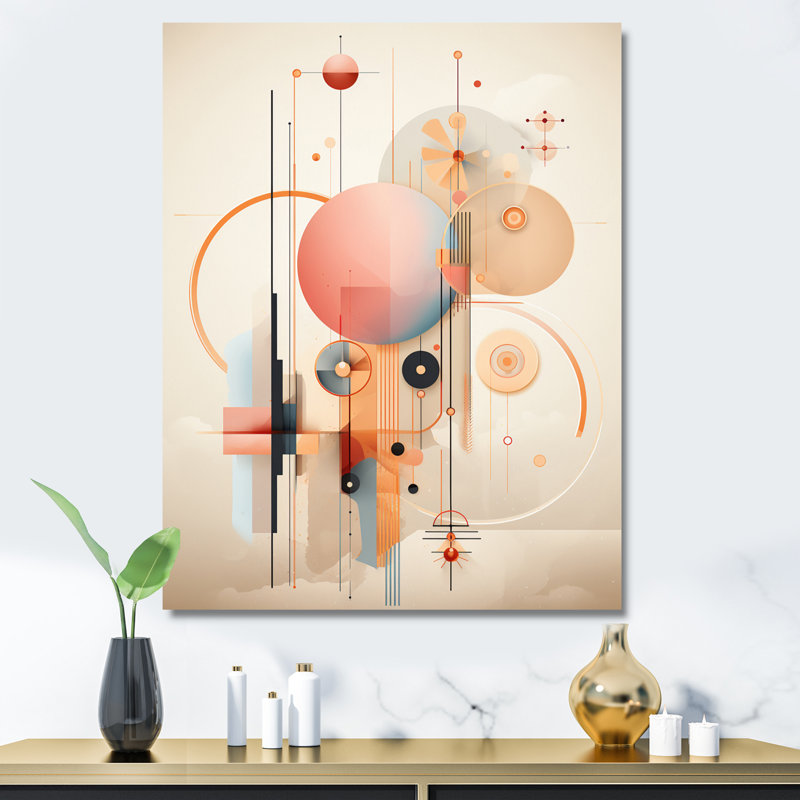 «Distant Celebration Circurlar In Retro Pink I - Modern Geometric Wall Art Living Room, 32" H x 16" W, Toile tendue