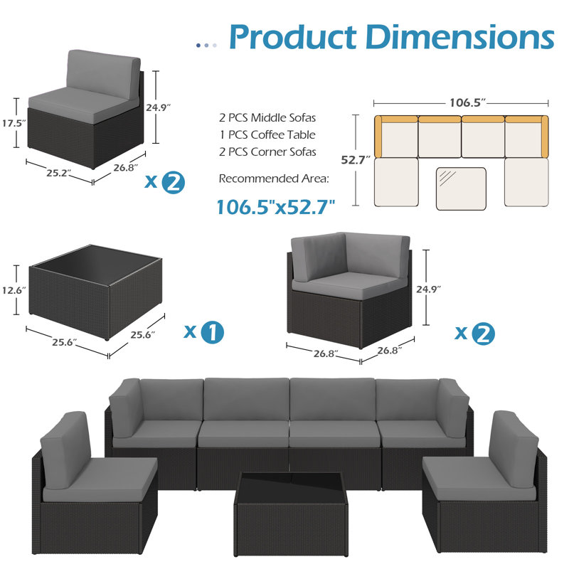 Emilienne PE Wicker 6-Person Patio Conversation Set, Black, Gray