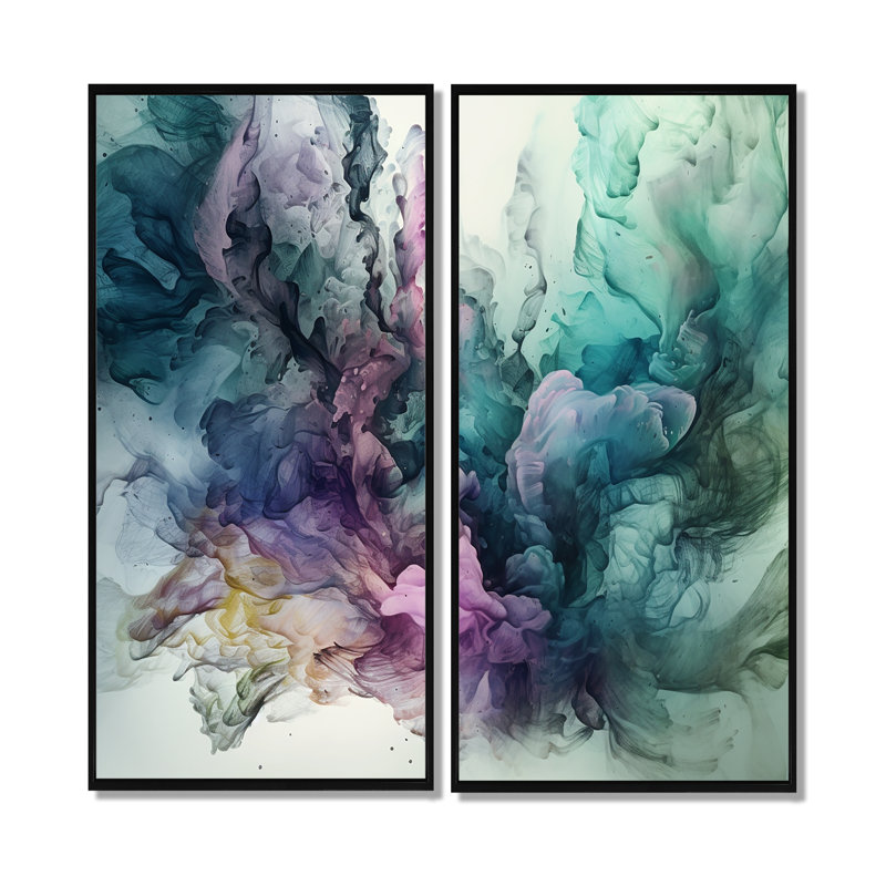 Art mural moderne sur toile vert mauve marbré, 40" H x 40" W, Impression encadrée flottante, Black