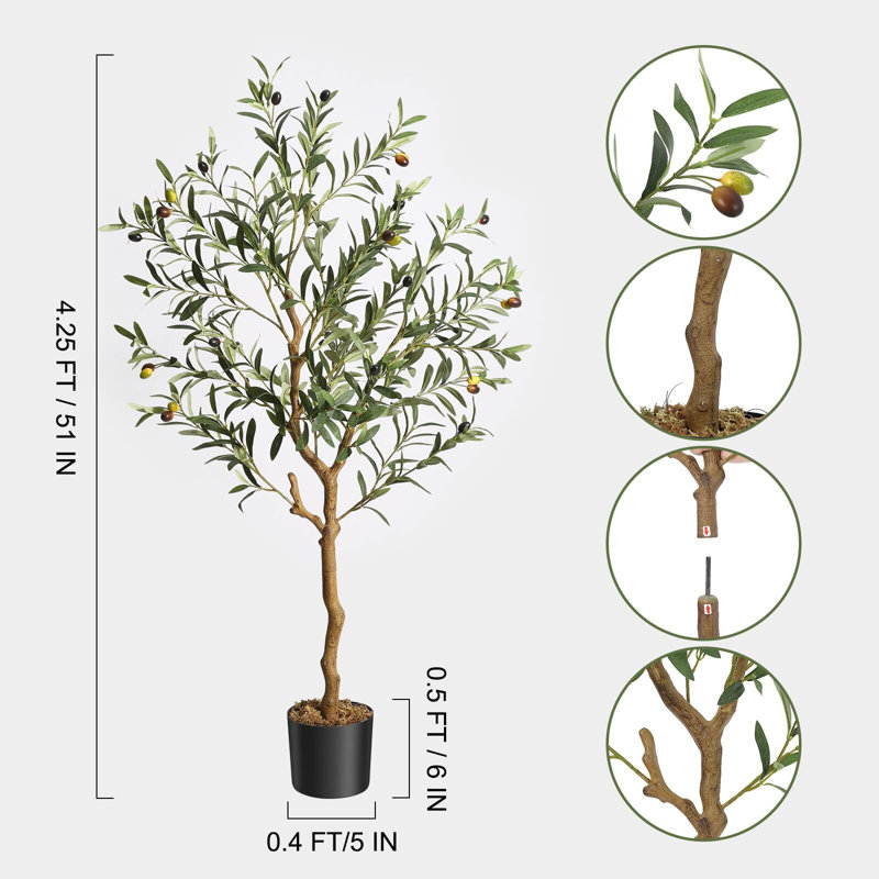 5 Ft Green Faux Silk Olive Tree in Black Pot