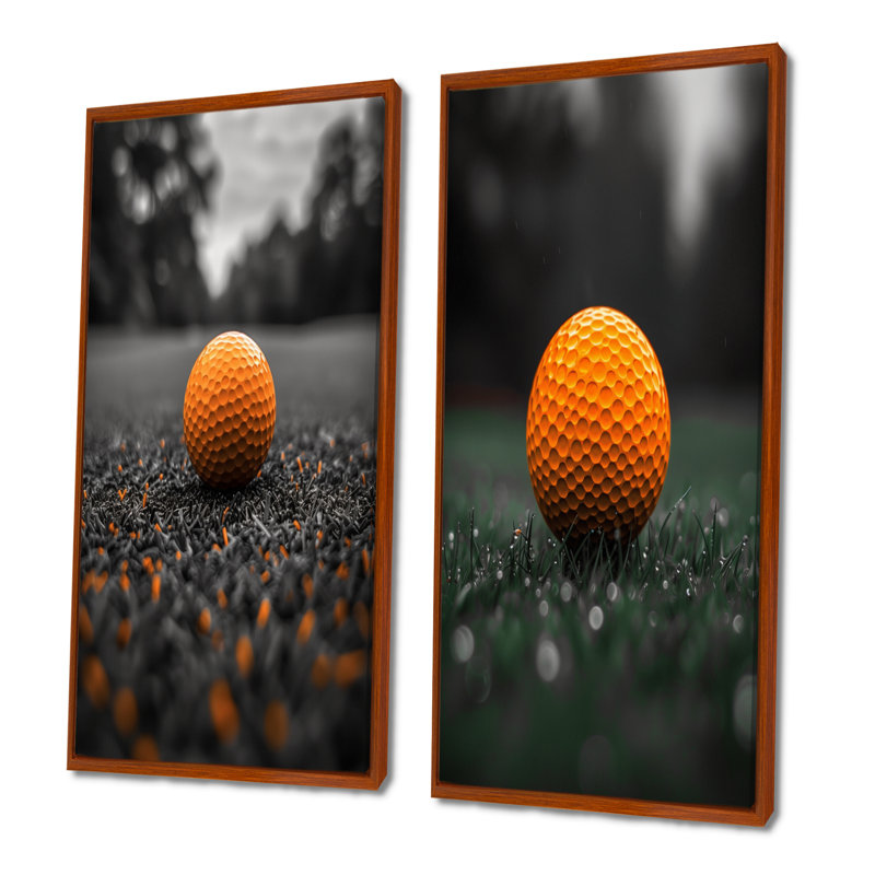 Ensemble de 2 balles de golf monochromes gris orange I, H 32 po x l 32 po, Impression encadrée, Brun