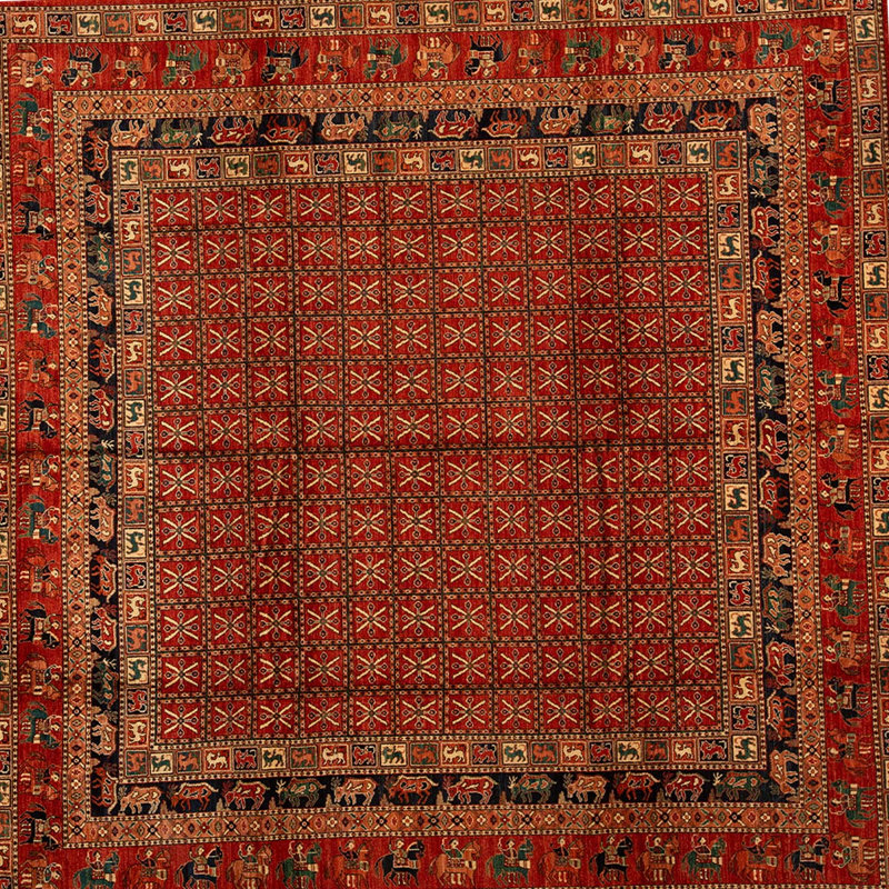 Hand-Knotted High-Quality Red Square Area Rug