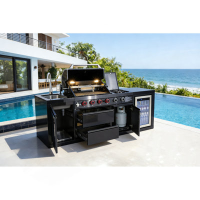 Black 4-Burner 72000 BTU Deluxe Stainless Steel Gas Outdoor Kitchen Bar Barbecue Island Grill +Single-Door Refrigerator + Single Door Stainless Steel Sink/Faucet