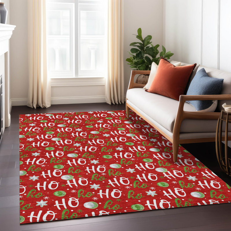 Festive Red Synthetic Washable 5' x 7' Holiday Rug