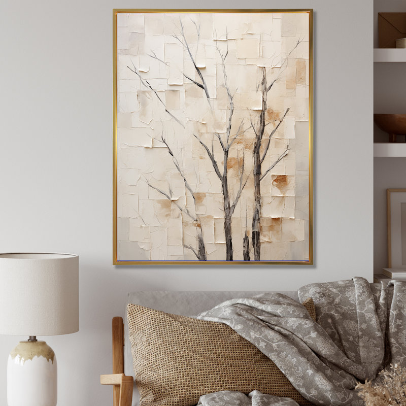 «Beige Trees Harmony II», reproduction d'art sur toile, Cadre flottant doré, 20" H x 12" W