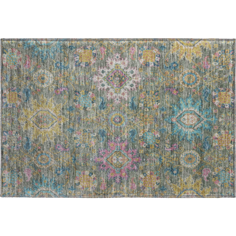 Premium Machine Washable Mayfield AMF2151 medallions Rug, Rectangle 1'8" x 2'6", Aloe