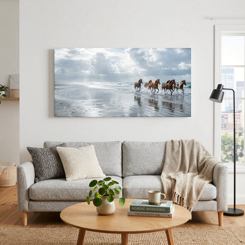 Ensemble de 1 tableau sur toile représentant des chevaux à la plage, L 40 po x H 20 po, Toile tendue