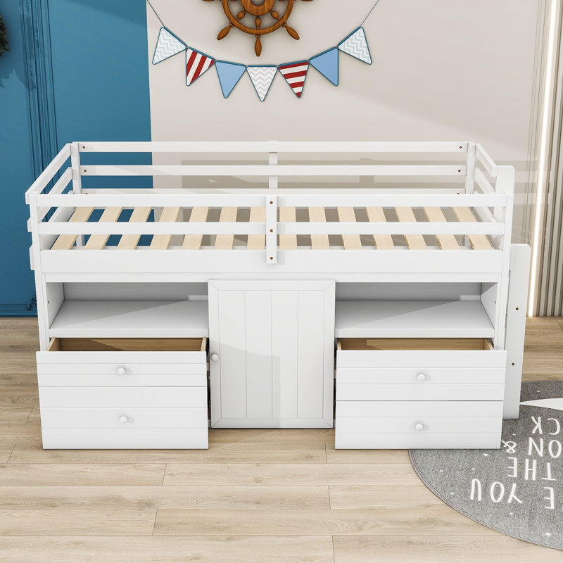 Jeani Kids Bed with Drawers and Shelves, White