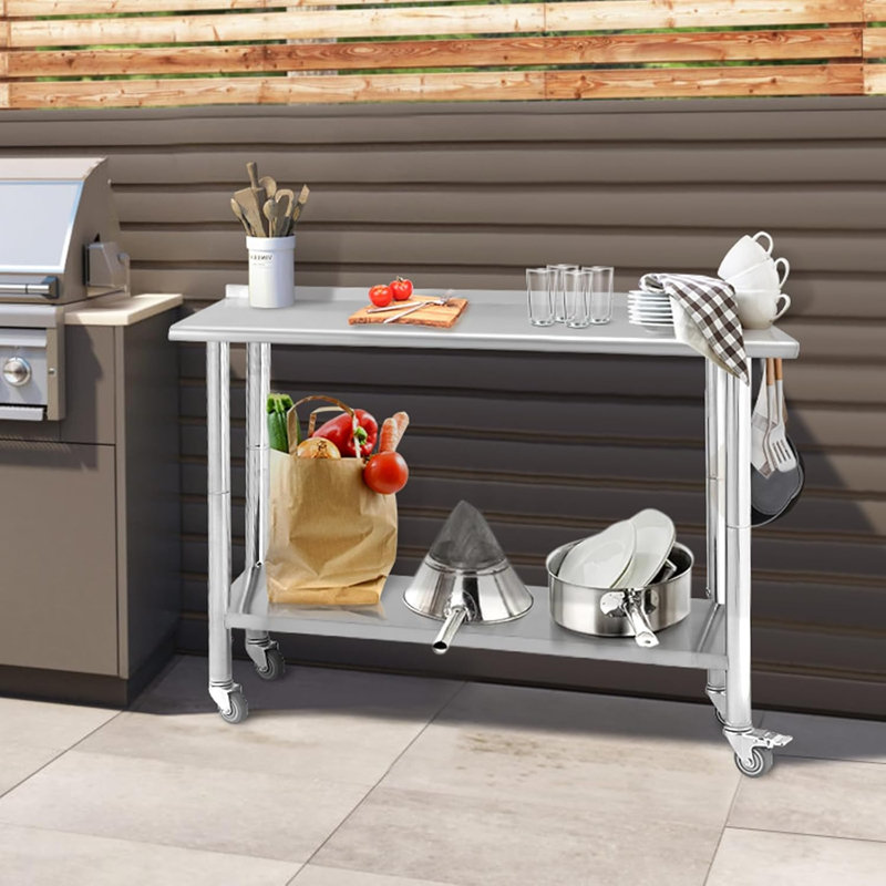 Table de préparation en acier inoxydable de 36 po x 24 po avec roues verrouillables, tablette réglable, dosseret et crochets à outils pour la cuisine, le restaurant, le garage et l'entrepôt, bord droit