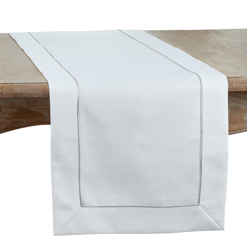 Bourget Collection Shimmering Table Runner with Piping Detail, White, 16" W x 120" L