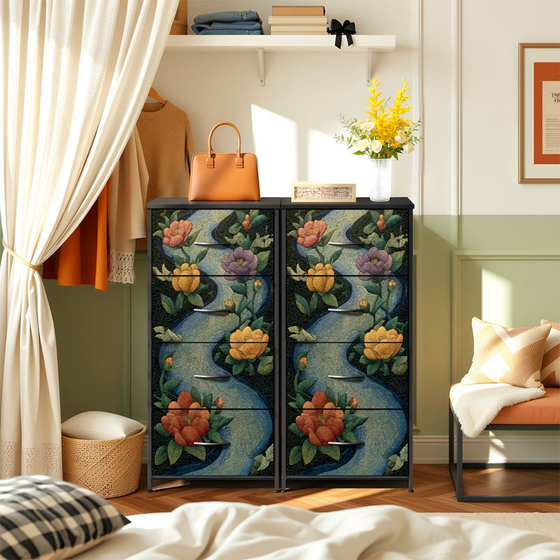 Commode pour la chambre à coucher avec 4 tiroirs de rangement Flowing River Camélia colorée fleurs style mosaïque Commodes de style commode en acier avec cadre en placard pour vestibule