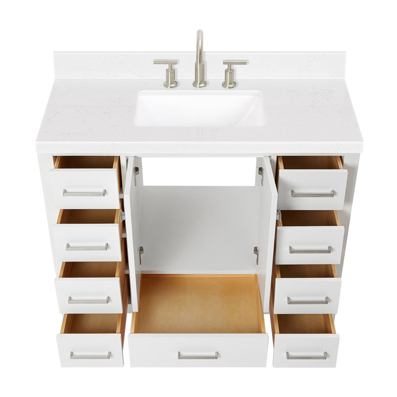  Meuble-lavabo simple 42,25 po avec comptoir en quartz, Blanc / nickel brossé, Rectangular