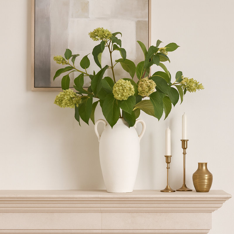 Textured Table Vase Jar With Two Handles for Home Decor - Ceramic Tall Flower Vase for Tabletops and Living Room Accent - White