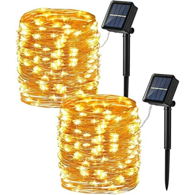 Paquet de 2 guirlandes de lumières solaires totales, 132 lumières à DEL 400 pi pour l'extérieur, 8 lumières scintillantes à énergie solaire, mini guirlande solaire à DEL imperméable pour décoration de fête de Noël, blanc chaud