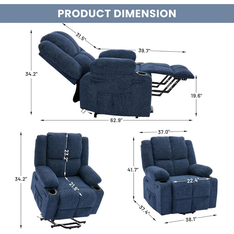 Oversized Power Lift Recliner Chair with Massage & Heat, 135° Adjustable Electric Chair for Elderly, Blue Linen Blend