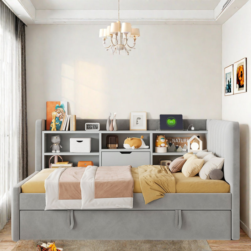 Upholstered Daybed With Trundle, Storage Shelves, Usb & Outlet And Vertical Striped Design, Gray